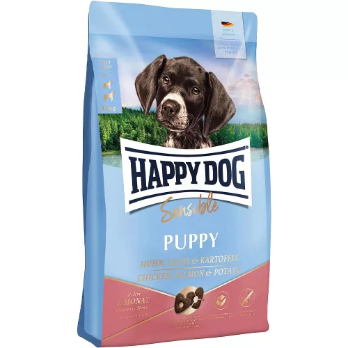 Happy Dog Sensible Puppy Gabonamentes Száraz Kutyatáp (Csirke, Lazac és Burgonya) - 4 kg