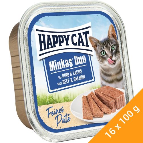 Happy Cat Minkas Duo Gabonamentes Alutálcás Macskaeledel (Marha és Lazac) - 16x100 g