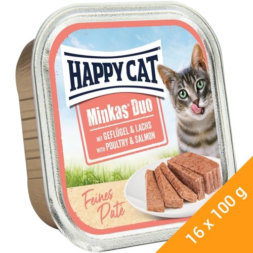 Happy Cat Minkas Duo Gabonamentes Alutálcás Macskaeledel (Baromfi és Lazac) - 16x100 g