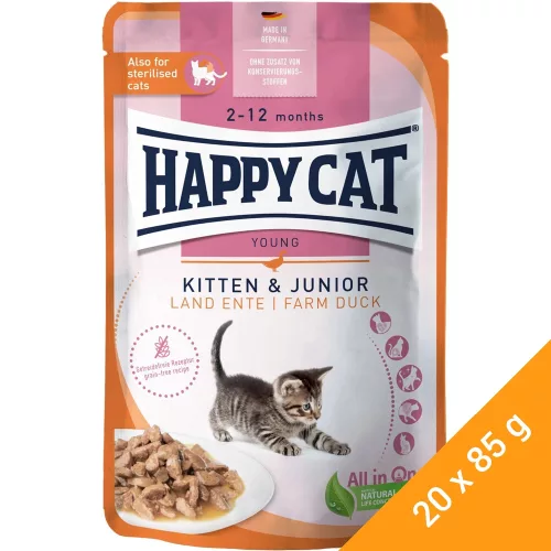Happy Cat Meat in Sauce Kitten & Junior Gabonamentes Alutasakos Macskaeledel (Kacsa) - 20x85 g