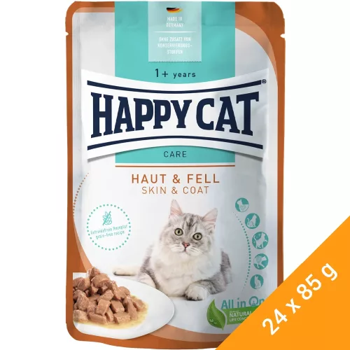 Happy Cat Meat in Sauce Care Haut & Fell (Bőr és Szőrzet) Gabonamentes Alutasakos Macskaeledel (Baromfi) - 24x85 g