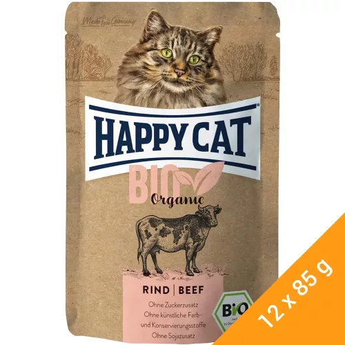Happy Cat Bio Gabonamentes Alutasakos Macskaeledel (Marha) - 12x85 g