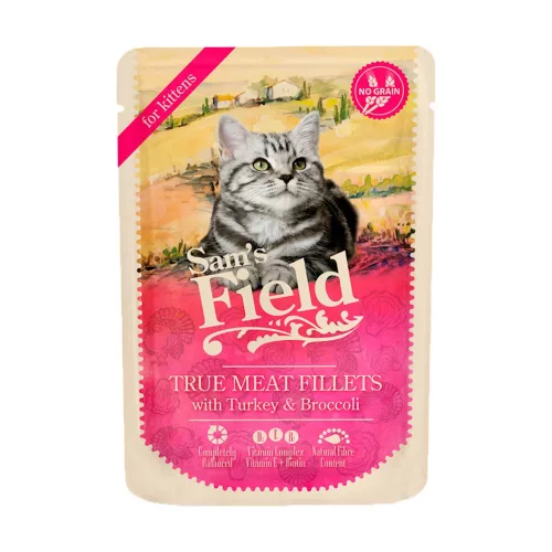 Sam's Field True Meat Fillets Kitten Gabonamentes Alutasakos Macskaeledel (Pulyka és Brokkoli) - 85 g