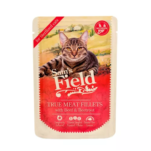 Sam's Field True Meat Fillets Sterilised Gabonamentes Alutasakos Macskaeledel (Marha és Cékla) - 85 g