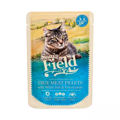 Sam's Field True Meat Fillets Gabonamentes Alutasakos Macskaeledel (Hal és Borsó) - 85 g