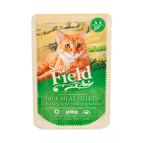 Sam's Field True Meat Fillets Gabonamentes Alutasakos Macskaeledel (Kacsa és Csicsóka) - 85 g