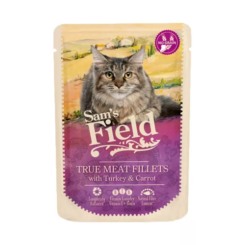 Sam's Field True Meat Fillets Gabonamentes Alutasakos Macskaeledel (Pulyka és Répa) - 85 g