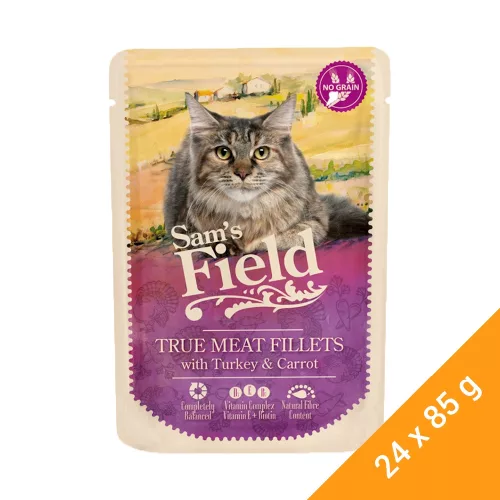 Sam's Field True Meat Fillets Gabonamentes Alutasakos Macskaeledel (Pulyka és Répa) - 24x85 g