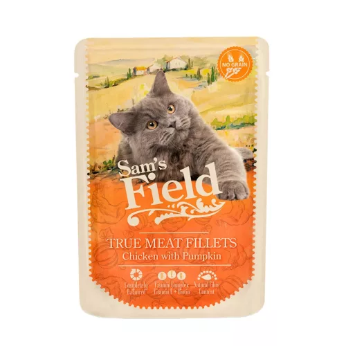 Sam's Field True Meat Fillets Monoprotein Gabonamentes Alutasakos Macskaeledel (Csirke és Sütőtök) - 85 g