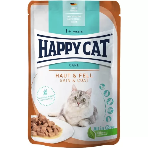 Happy Cat Meat in Sauce Care Haut & Fell (Bőr és Szőrzet) Gabonamentes Alutasakos Macskaeledel (Baromfi) - 85 g