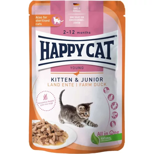 Happy Cat Meat in Sauce Kitten & Junior Gabonamentes Alutasakos Macskaeledel (Kacsa) - 85 g