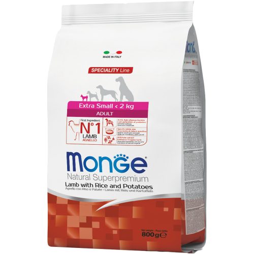 Monge Natural Superpremium Extra Small Adult Száraz Kutyatáp (Bárány, Rizs és Burgonya) - 0,8 kg