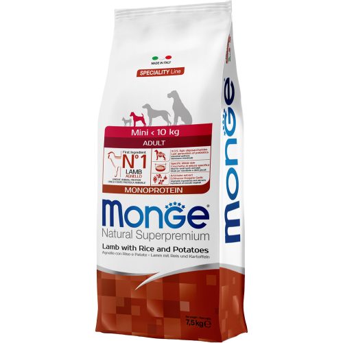 Monge Natural Superpremium Mini Adult Monoprotein Száraz Kutyatáp (Bárány, Rizs és Burgonya) - 7,5 kg