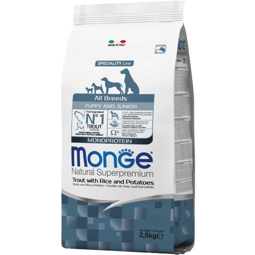 Monge Natural Superpremium Puppy & Junior Monoprotein Száraz Kutyatáp (Pisztráng, Rizs és Burgonya) - 2,5 kg