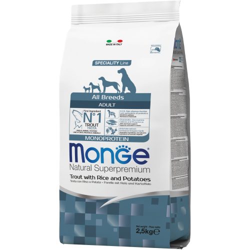 Monge Natural Superpremium Adult Monoprotein Száraz Kutyatáp (Pisztráng, Rizs és Burgonya) - 2,5 kg