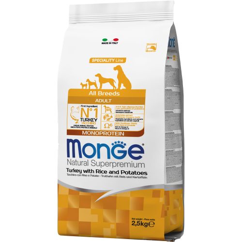 Monge Natural Superpremium Adult Monoprotein Száraz Kutyatáp (Pulyka, Rizs és Burgonya) - 2,5 kg