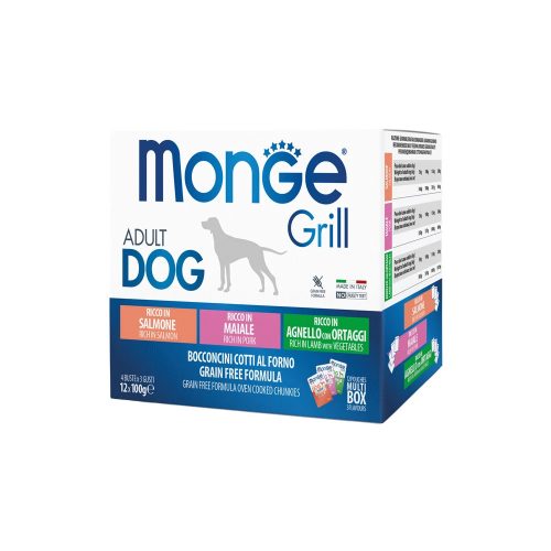 Monge Grill Multibox Adult Alutasakos Kutyaeledel (Lazac, Sertés, Bárány és Zöldségek) - 12x100 g