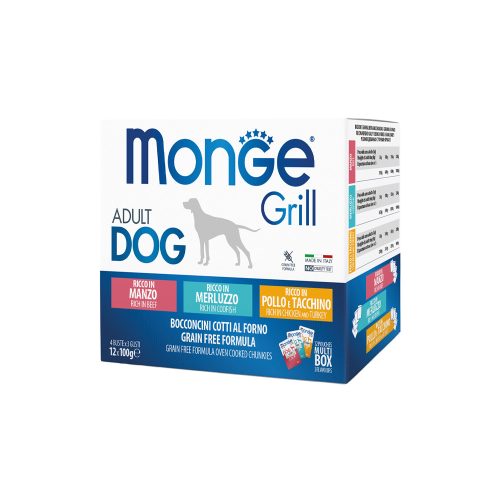Monge Grill Multibox Adult Alutasakos Kutyaeledel (Marha, Tőkehal, Csirke és Pulyka) - 12x100 g