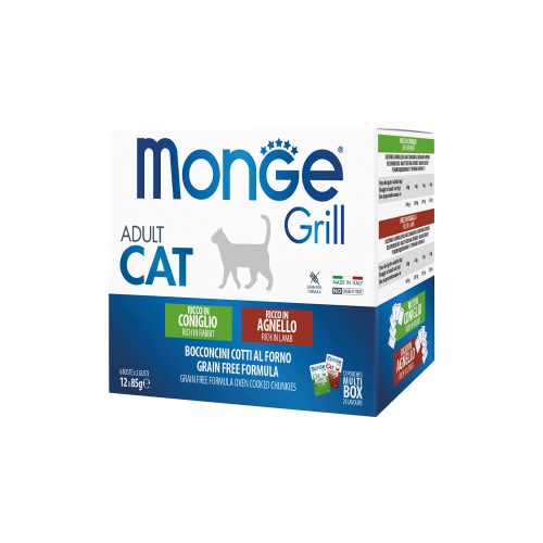 Monge Grill Multibox Adult Alutasakos Macskaeledel (Nyúl és Bárány) - 12x85 g