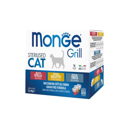 Monge Grill Multibox Sterilised Alutasakos Macskaeledel (Borjú, Kakas és Pisztráng) - 12x85 g