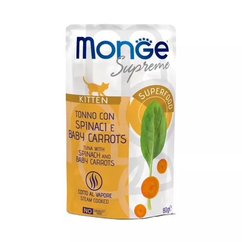 Monge Supreme Kitten Alutasakos Macskaeledel (Tonhal, Spenót és Bébirépa) - 80 g