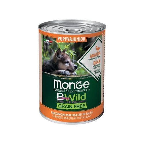 Monge BWild Puppy & Junior Gabonamentes Konzerv Kutyáknak (Kacsa, Sütőtök és Cukkini) - 400 g