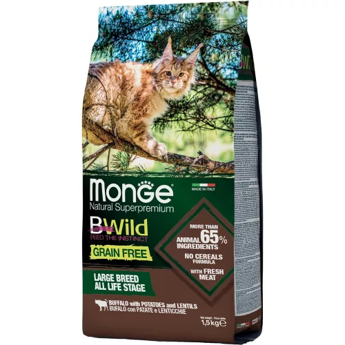 Monge BWild Gabonamentes Száraz Macskatáp Nagytestű Macskáknak (Bölény, Burgonya és Lencse) - 1,5 kg