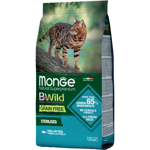 Monge BWild Sterilised Gabonamentes Száraz Macskatáp (Tonhal és Borsó) - 1,5 kg