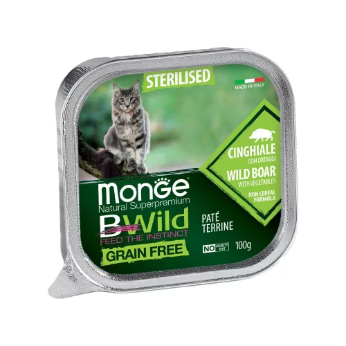Monge BWild Sterilised Gabonamentes Alutálcás Macskaeledel (Vaddisznó és Zöldségek) - 100 g