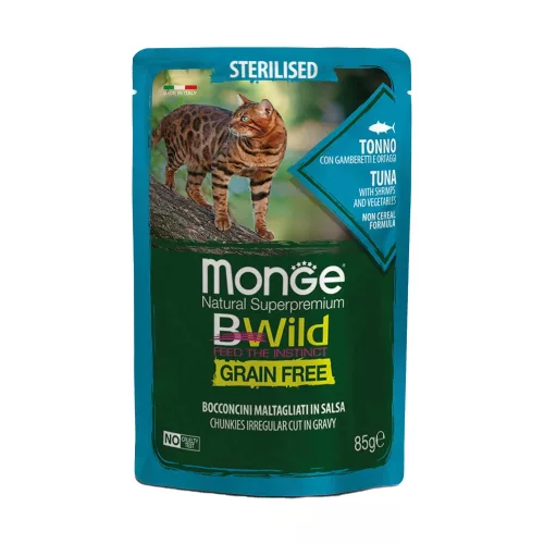 Monge BWild Sterilised Gabonamentes Alutasakos Macskaeledel (Tonhal, Garnéla és Zöldségek) - 85 g