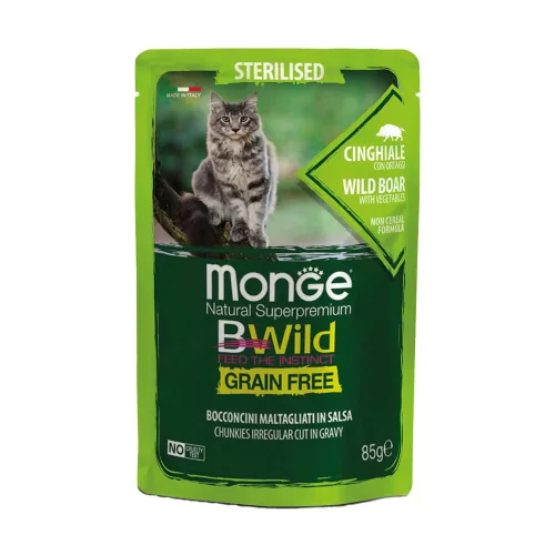 Monge BWild Sterilised Gabonamentes Alutasakos Macskaeledel (Vaddisznó és Zöldségek) - 85 g