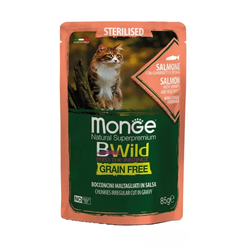 Monge BWild Sterilised Gabonamentes Alutasakos Macskaeledel (Lazac, Garnéla és Zöldségek) - 85 g