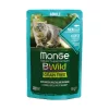 Monge BWild Adult Gabonamentes Alutasakos Macskaeledel (Tőkehal, Garnéla és Zöldségek) - 85 g