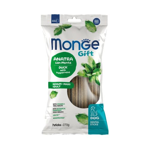 Monge GIFT Medium-Maxi Adult Dental Sticks Fogápoló Monoprotein Jutalomfalat Kutyáknak (Kacsa és Borsmenta) - 270 g