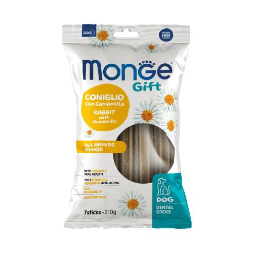 Monge GIFT Senior Dental Sticks Fogápoló Monoprotein Jutalomfalat Kutyáknak (Nyúl és Kamilla) - 210 g