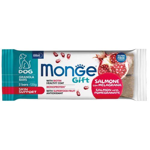 Monge GIFT Bőr- és Szőrápoló Gyümölcsös és Gabonás Szelet Monoprotein Jutalomfalat Kutyáknak (Lazac és Gránátalma) - 120 g