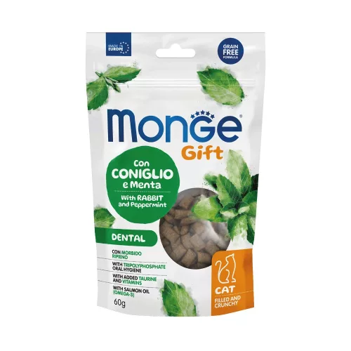 Monge GIFT Fogápoló Töltött és Ropogós Monoprotein Jutalomfalat Macskáknak (Nyúl és Borsmenta) - 60 g