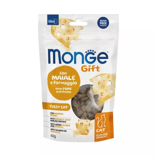 Monge GIFT Töltött és Ropogós Monoprotein Jutalomfalat Válogatós Macskáknak (Sertéshús és Sajt) - 60 g