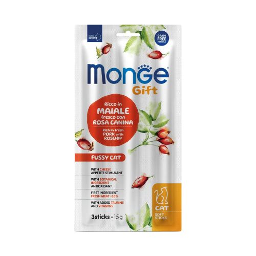 Monge GIFT Puha Rúd Monoprotein Jutalomfalat Válogatós Macskáknak (Sertéshús Csipkebogyóval és Sajttal) - 15 g