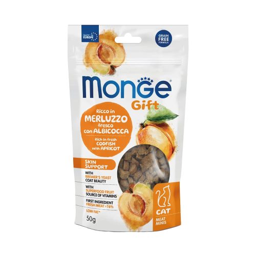 Monge GIFT Bőr- és Szőrápoló Húsos Mini Monoprotein Jutalomfalat Macskáknak (Tőkehal és Sárgabarack) - 50 g