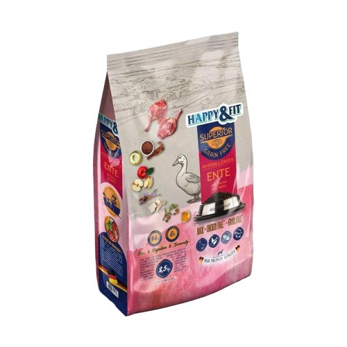 Happy&Fit Superior Gabonamentes Hipoallergén Száraz Kutyatáp (Kacsa, Halolaj és Alma) - 2,5 kg