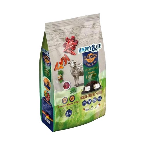 Happy&Fit Superior Gabonamentes Hipoallergén Száraz Kutyatáp (Friss Bárány, Édesburgonya és Gyógynövények) - 2,5 kg