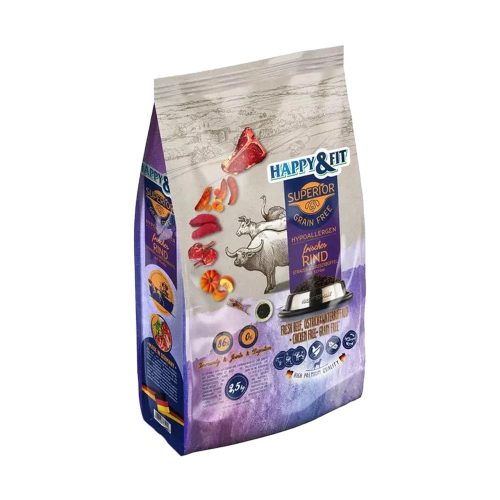 Happy&Fit Superior Hipoallergén Száraz Kutyatáp (Friss Marha, Strucc, Vízibivaly és Sütőtök) - 2,5 kg
