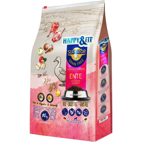 Happy&Fit Superior Gabonamentes Hipoallergén Száraz Kutyatáp (Kacsa, Halolaj és Alma) - 10 kg