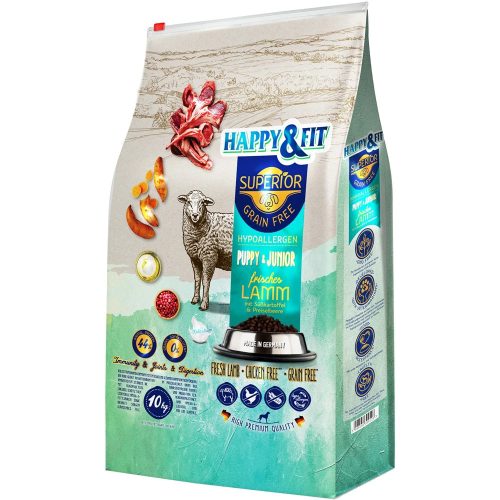 Happy&Fit Superior Puppy&Junior Gabonamentes Hipoallergén Száraz Kutyatáp (Friss Bárány és Édesburgonya) - 10 kg