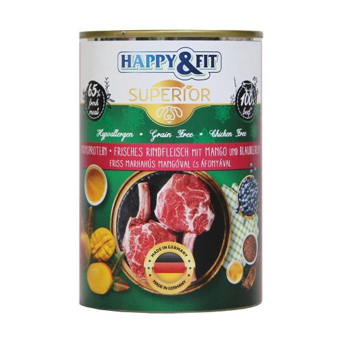 Happy&Fit Superior Konzerv Kutyáknak (Friss Marha, Mangó és Áfonya) -  400 g