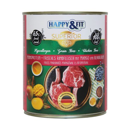 Happy&Fit Superior Konzerv Kutyáknak (Marha, Mangó és Áfonya) -  800 g