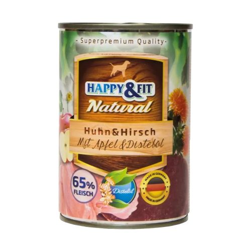 Happy&Fit Natural Konzerv Kutyáknak (Csirke, Szarvas, Alma és Sáfrányolaj) - 400 g