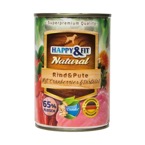 Happy&Fit Natural Konzerv Kutyáknak (Marha, Pulyka, Áfonya és Sáfrányolaj) - 400 g