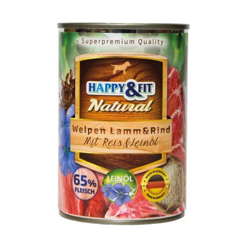 Happy&Fit Natural Junior Konzerv Kutyáknak (Bárány, Marha, Rizs és Lenmagolaj) - 400 g